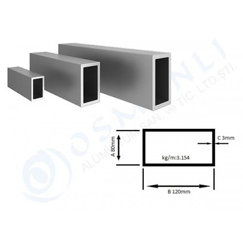 Alüminyum Kutu Profil 80mm X 120mm Et Kalınlık 3mm Alüminyum Kutu Profil 80mm X 120mm Et Kalınlık 3mm